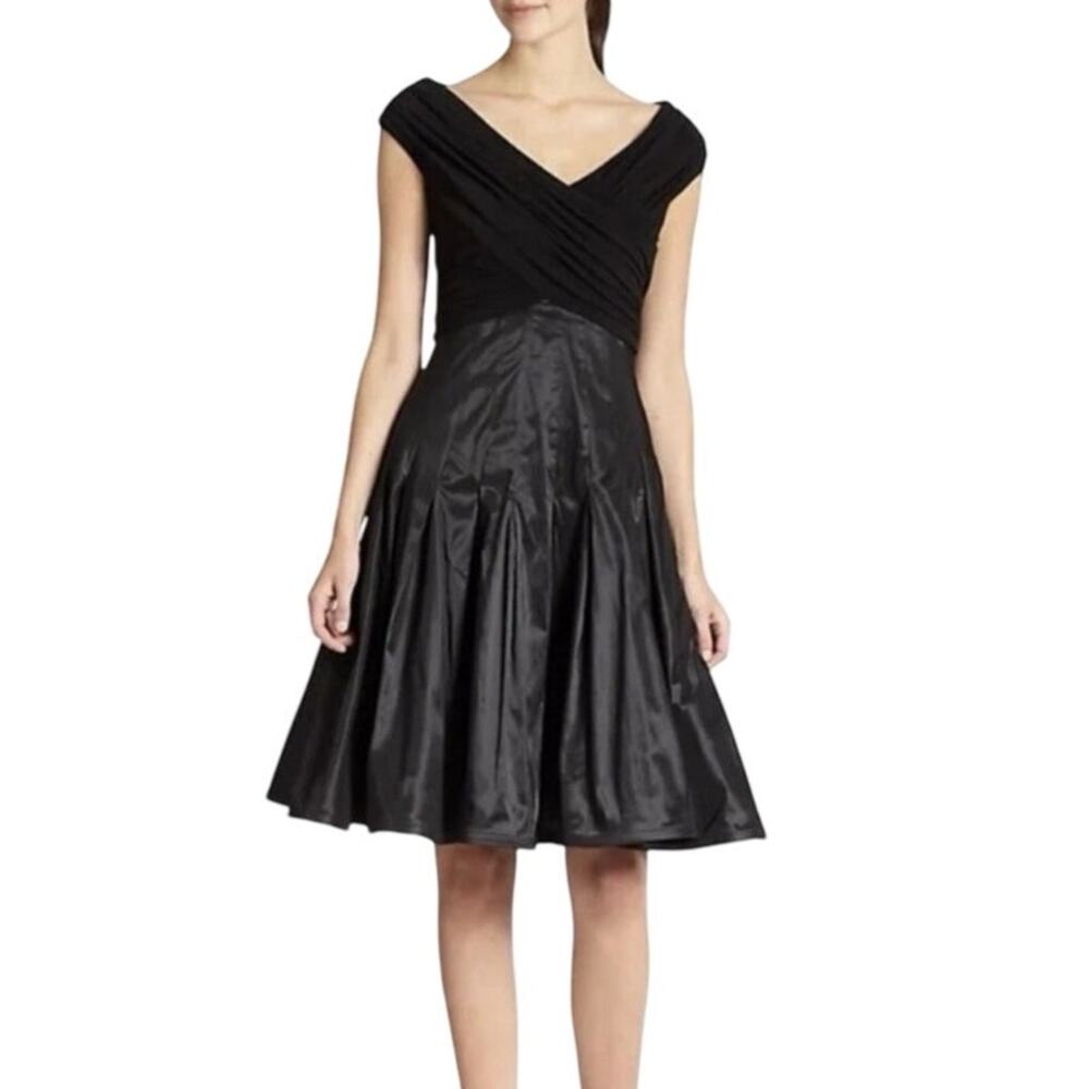Tadashi Shoji Black Taffeta Pleated Fit and Flare Cocktail Dress Women 8 Holiday